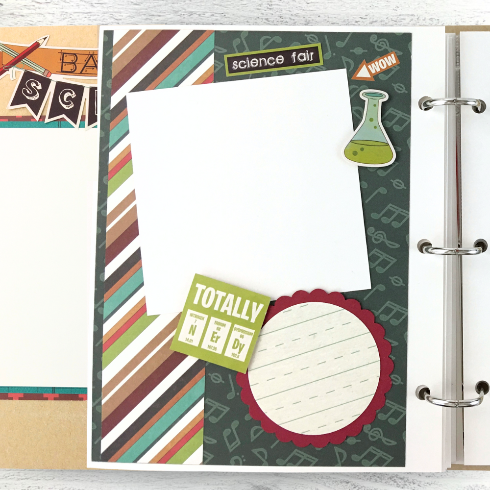 School Days Scrapbook Album Page with musical notes, colorful stripes, a science beaker, and a scalloped journaling spot