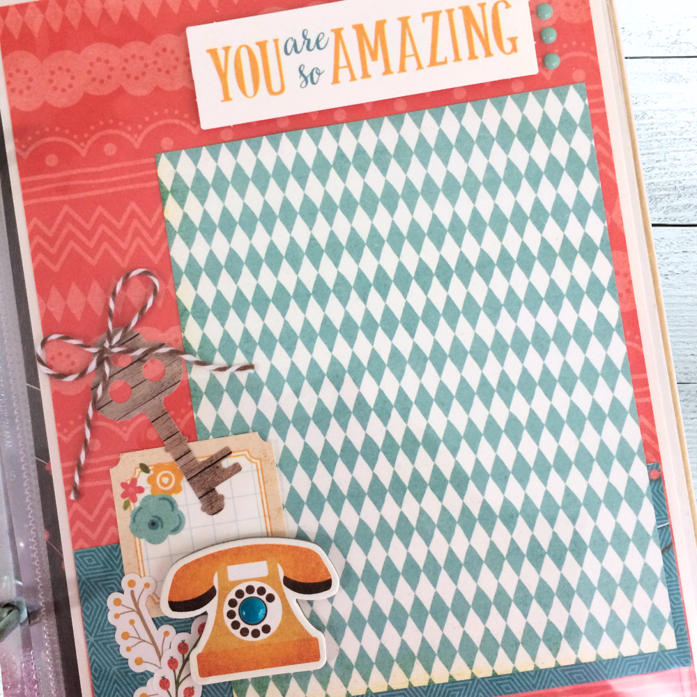 Family Good Times Scrapbook Album Page with a vintage telephone, flowers, a key, twine, and fun patterns