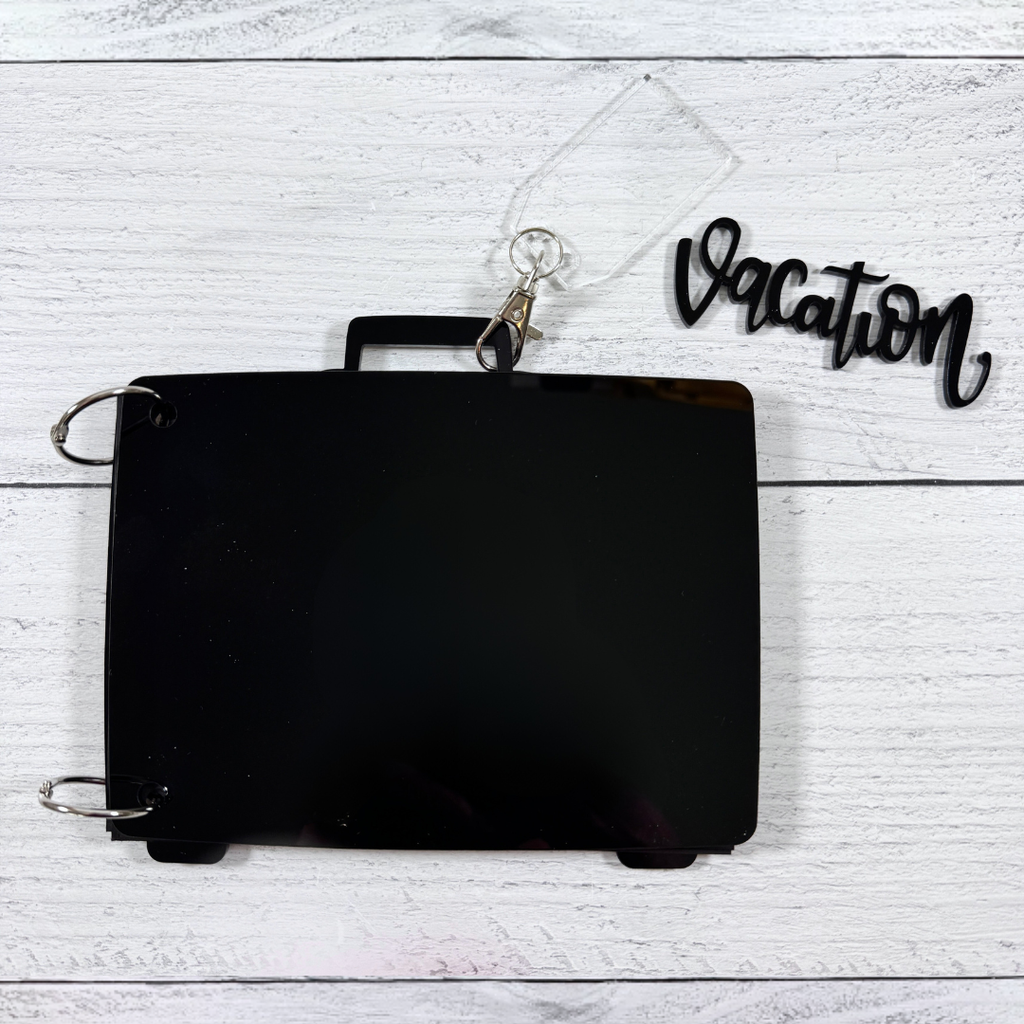 Acrylic Suitcase Shaped Scrapbook Album with a vacation title, clear luggage tag charm, binding rings, and card stock pages