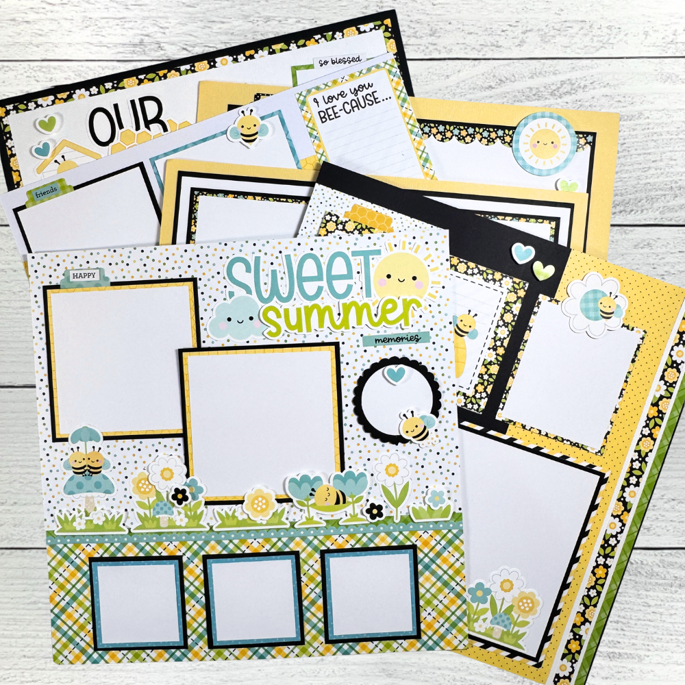 12x12 Sweet Summer Bee Happy Scrapbook Page Layouts with flowers, bees, polka dots, and a pretty plaid