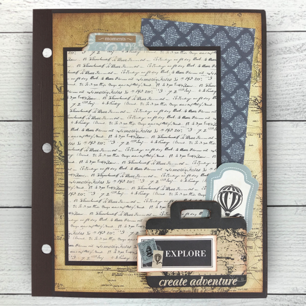 Vintage Travel Scrapbook Album page with handwriting, a map, floral pattern, luggage, and hot air balloon