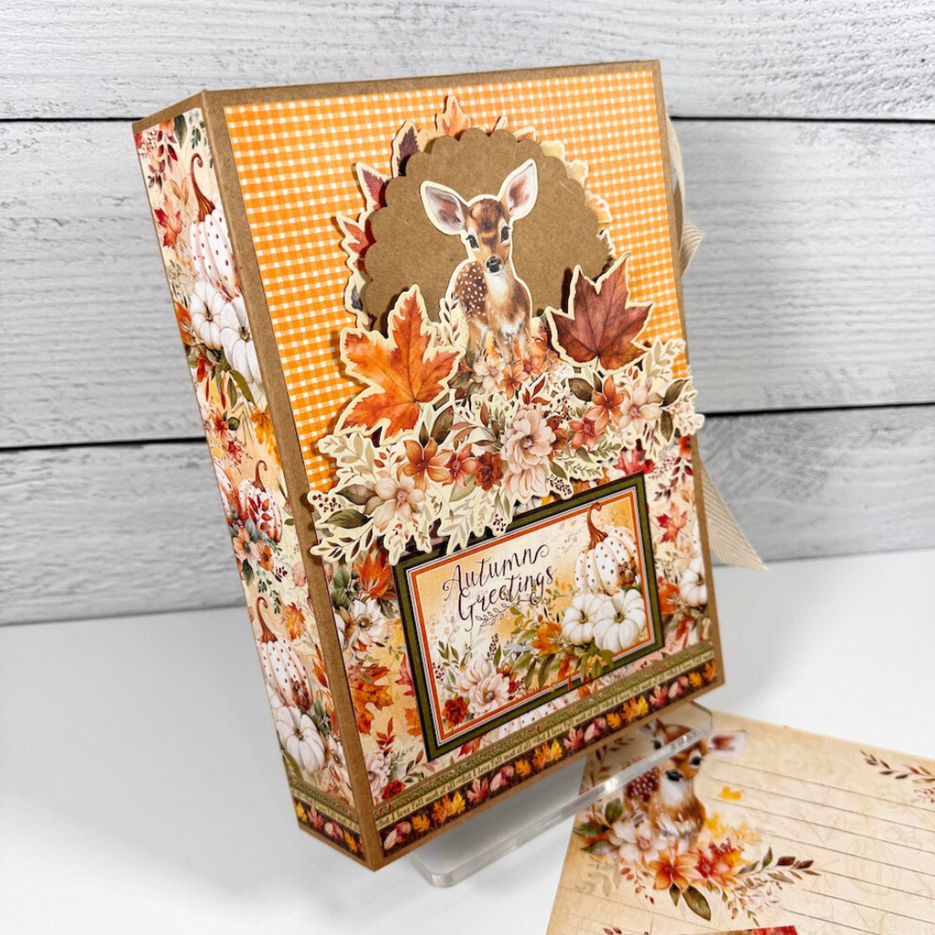 Autumn Greetings Scrapbook Album Kit with pretty fall leaves, flowers, pumpkins, and a baby deer