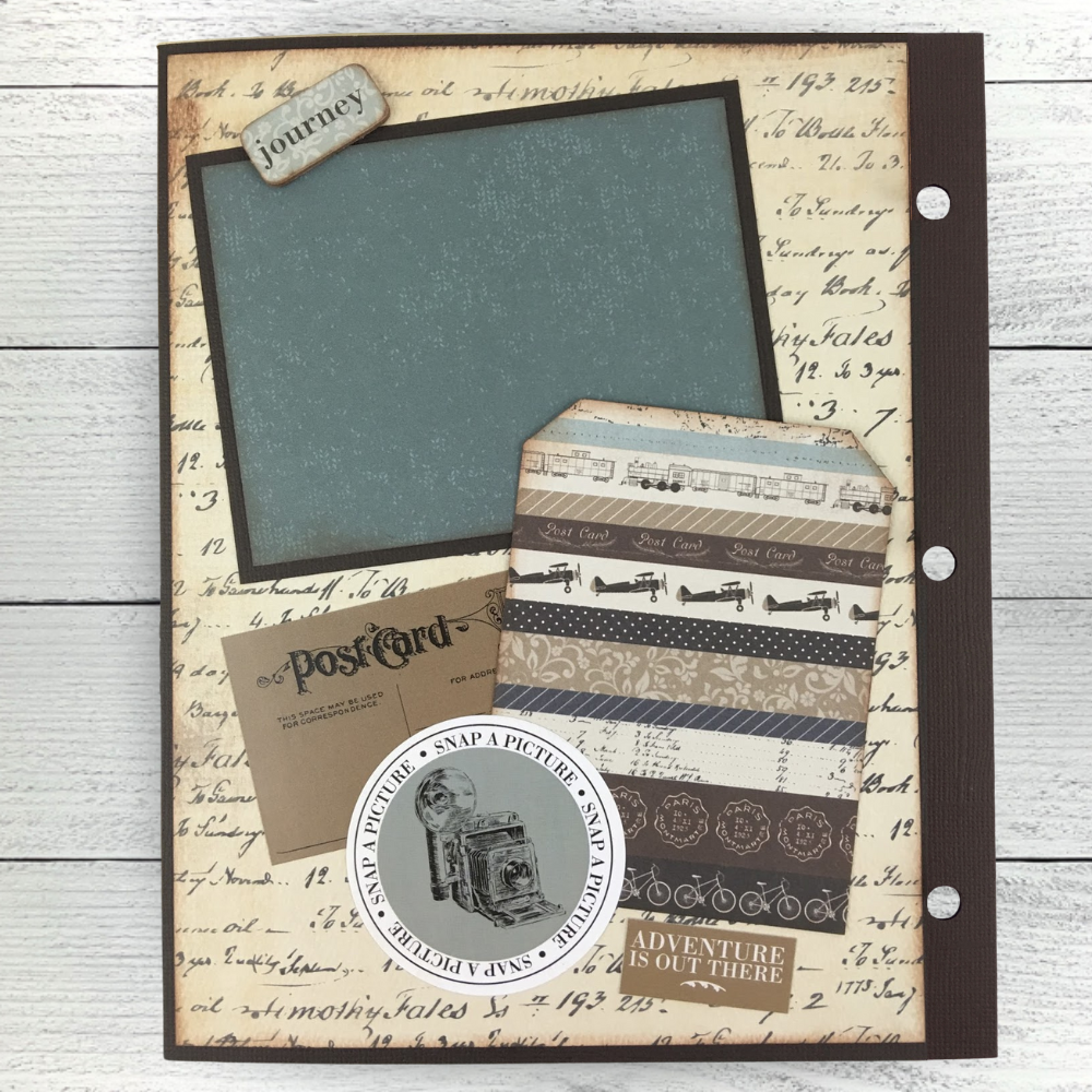 Vintage Travel Scrapbook Album page with handwriting, a postcard, airplanes, a tag, and a camera