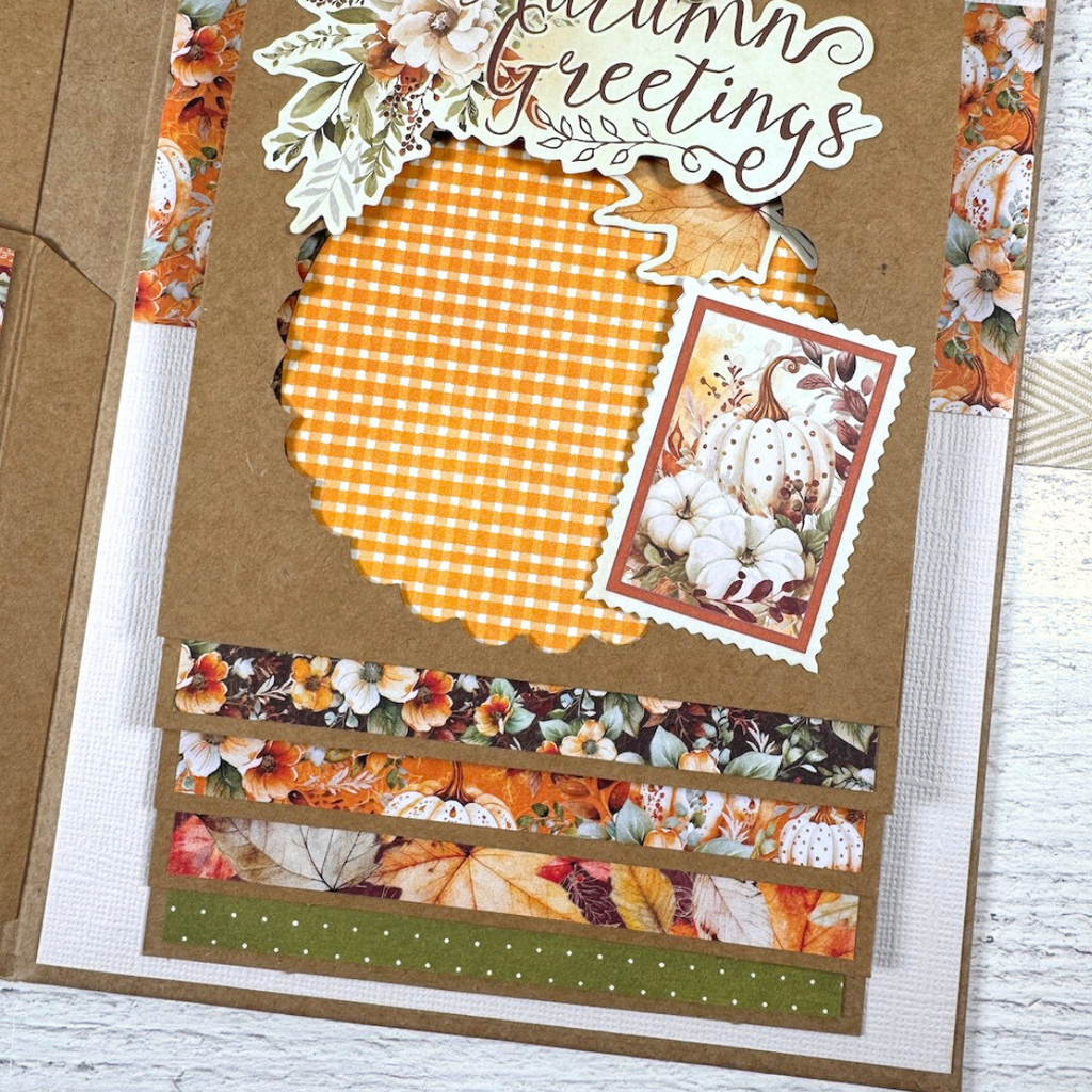 Autumn Greetings Scrapbook Album with waterfall pages, pumpkins, flowers, and fall leaves 