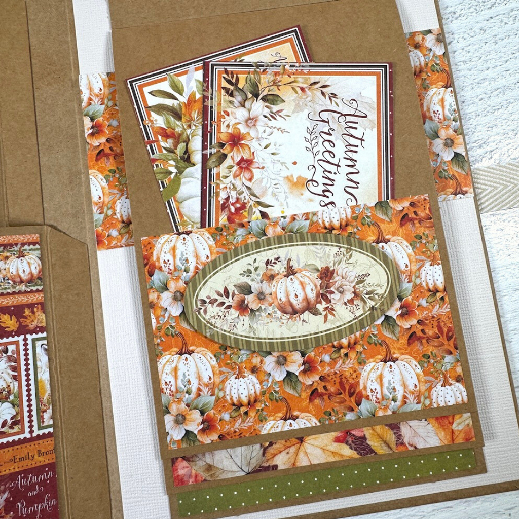 Autumn Greetings Scrapbook Album page with a pocket, fall leaves, flowers, and pumpkins