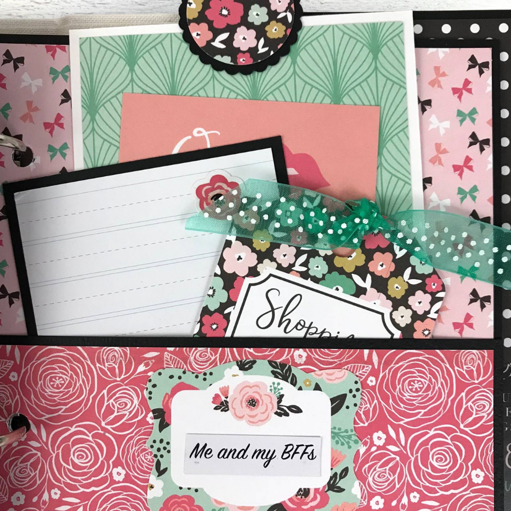 Fashionista Friend Scrapbook Album Page with a bows, flowers, tags, a pocket, and  journaling cards