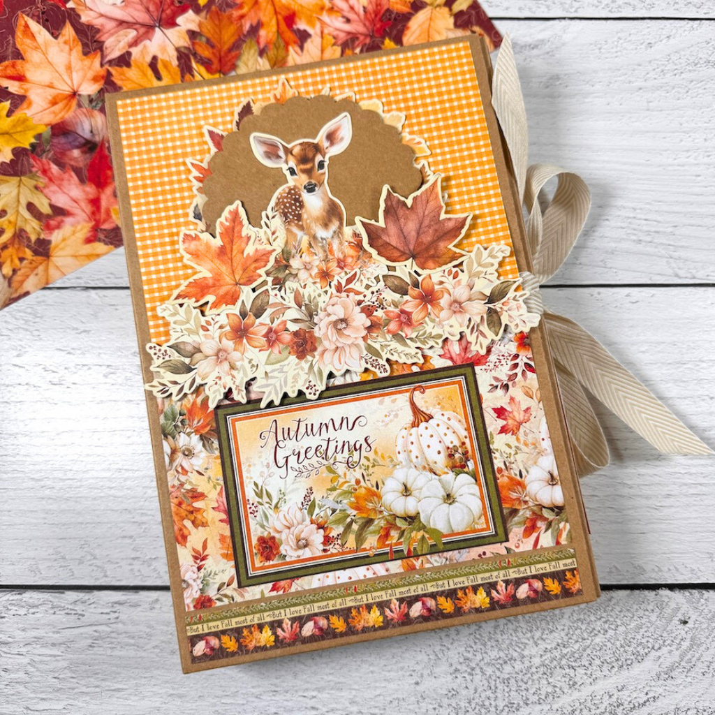 Autumn Greetings Scrapbook Album Kit with pretty fall leaves, flowers, pumpkins, and a baby deer