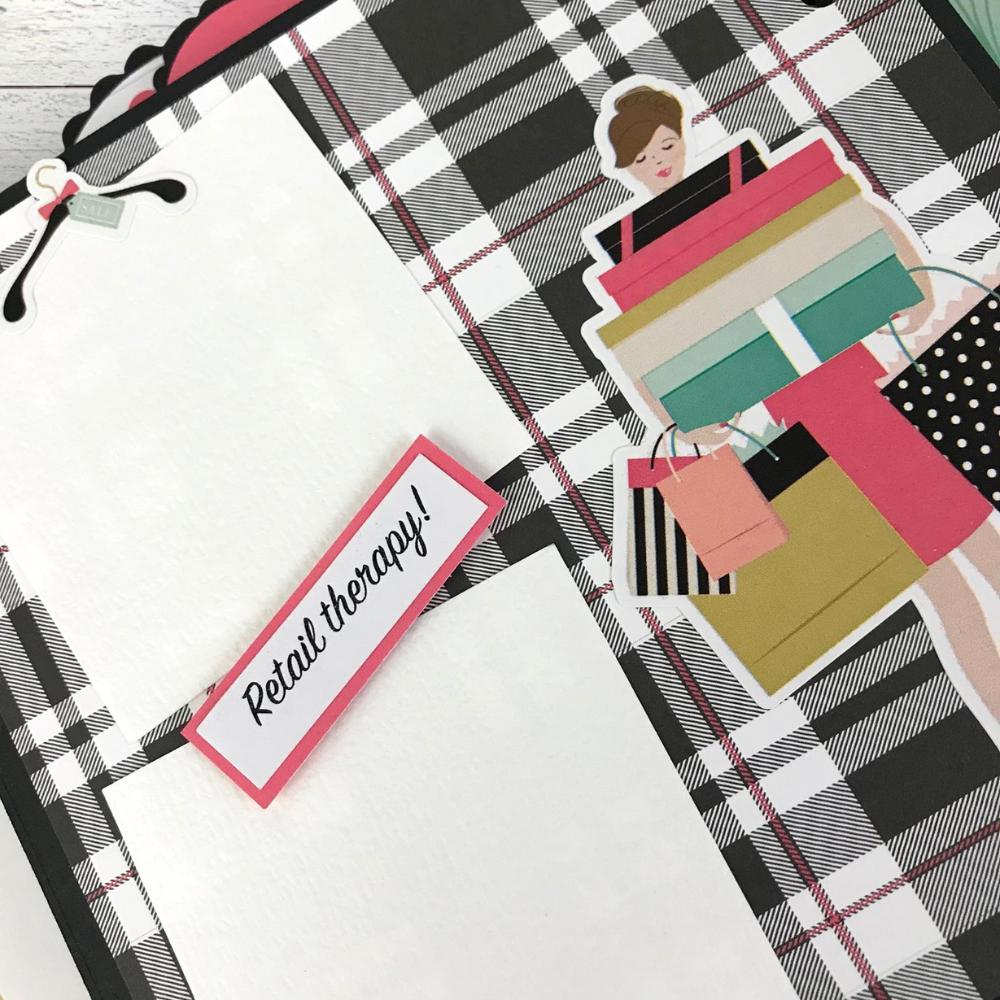 Fashionista Friend Scrapbook Album Page with a girl, lots of shopping bags, and boxes