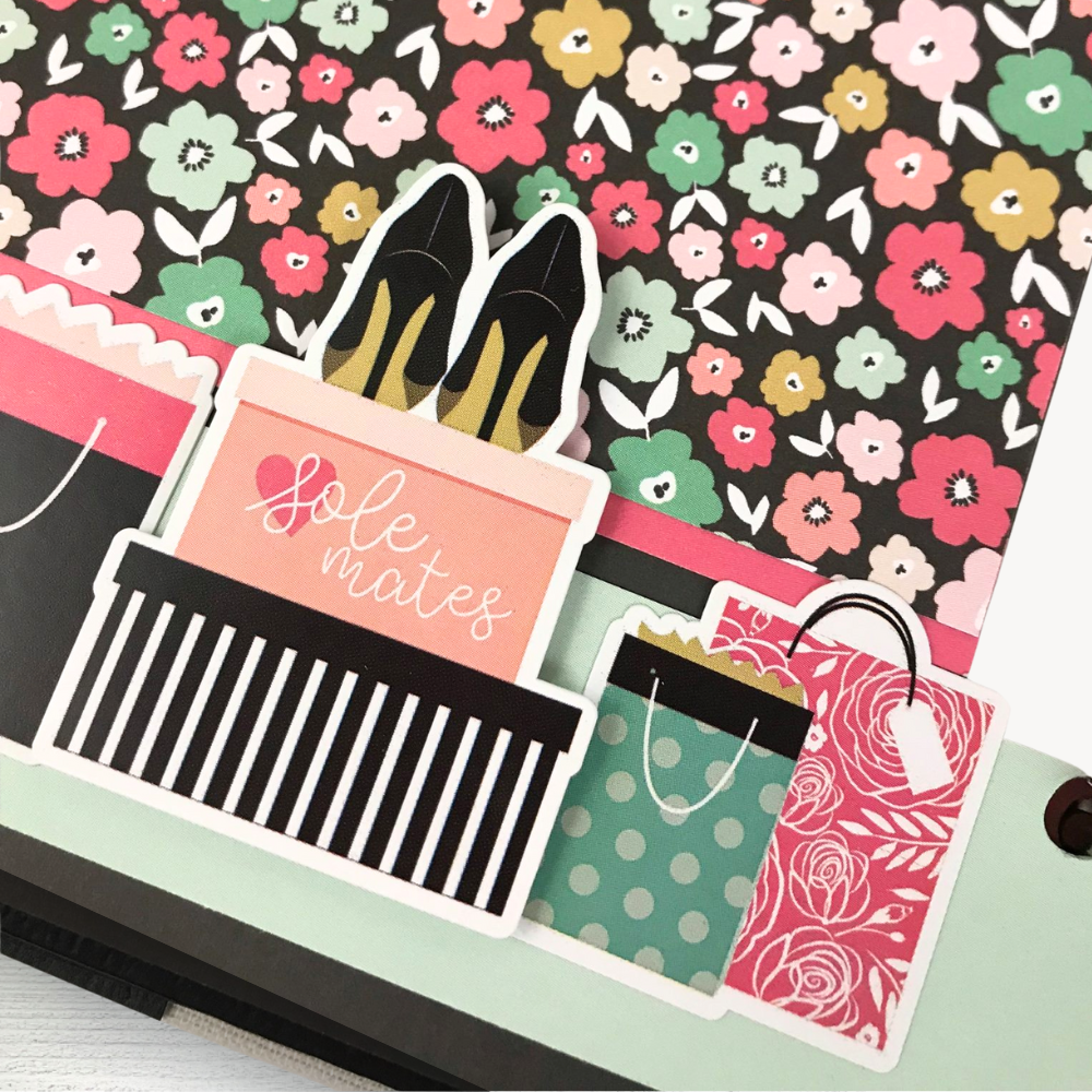 Fashionista Friend Scrapbook Album Page with flowers, shoes, boxes, and shopping bags