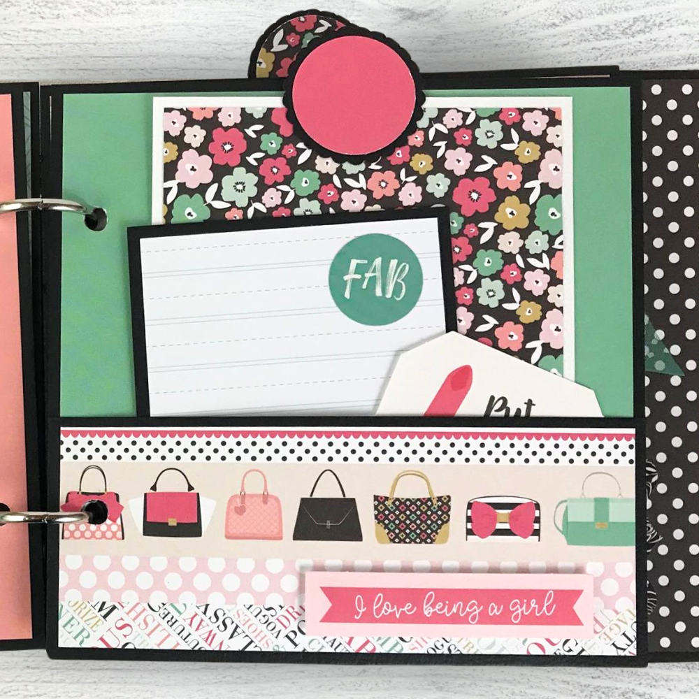 Fashionista Friend Scrapbook Album Page with flowers, handbags, a pocket, and journaling cards