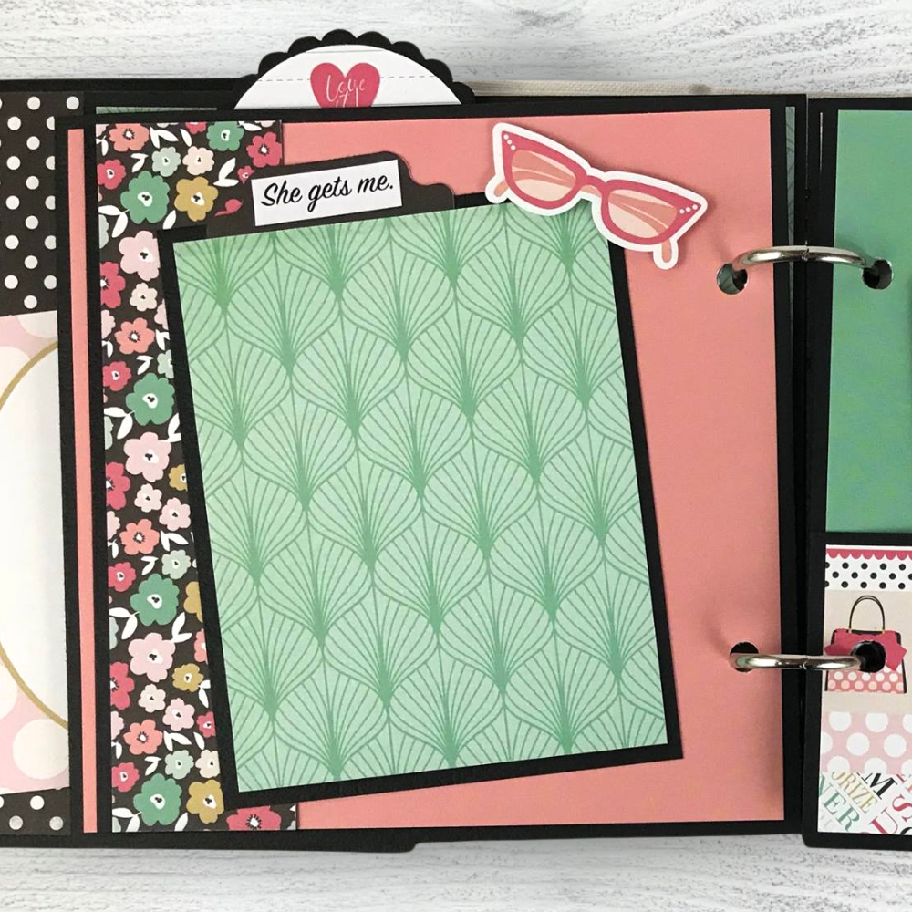 Fashionista Friend Scrapbook Album Page with glasses, flowers, and a photo mat