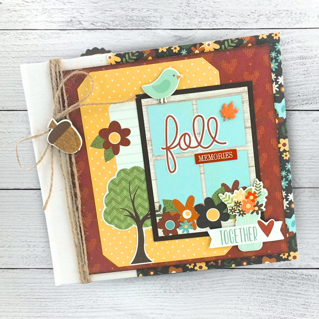 Fall Memories Scrapbook Album with acorns, birds, trees, flowers, autumn leaves, and hearts