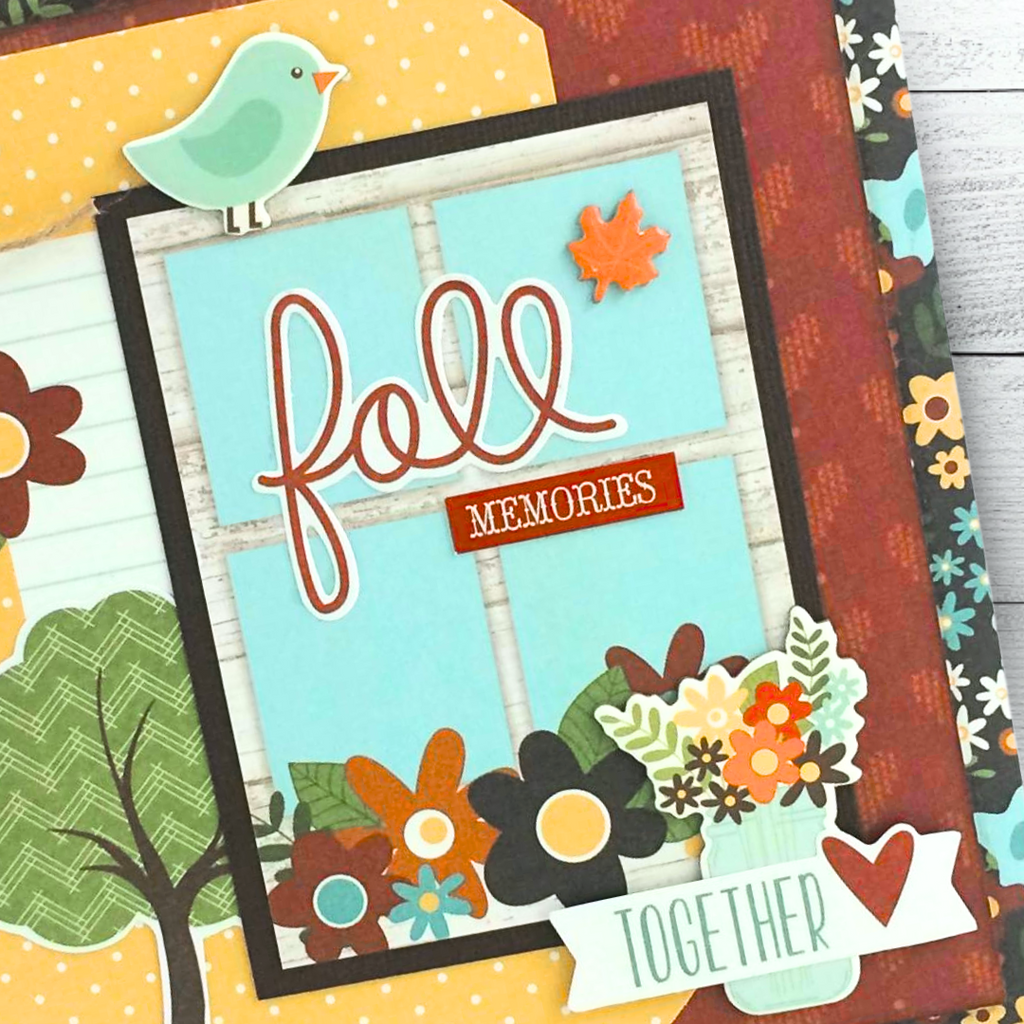 Fall Memories Scrapbook Album with birds, trees, flowers, autumn leaves, and hearts