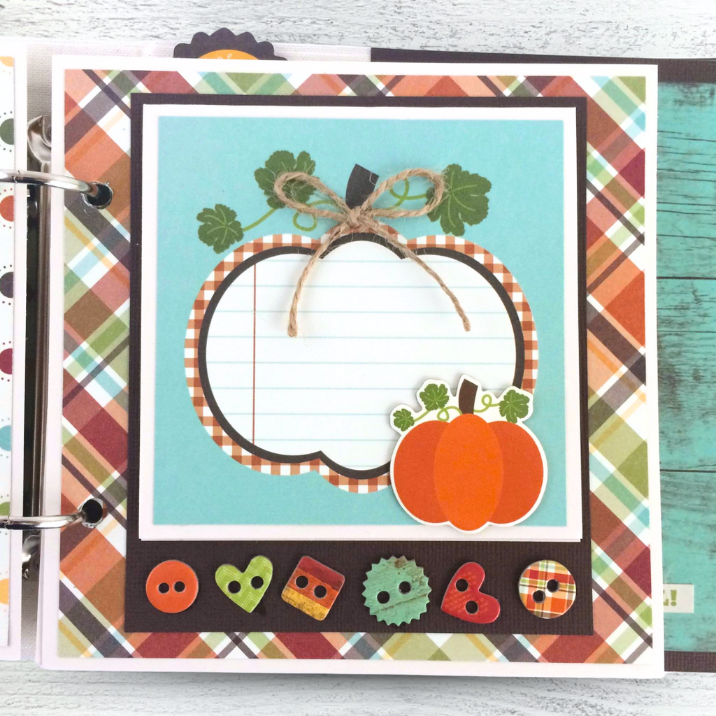 Fall Memories Scrapbook Album Page with pumpkins, cute shaped buttons, a plaid paper, autumn colors, and twine 