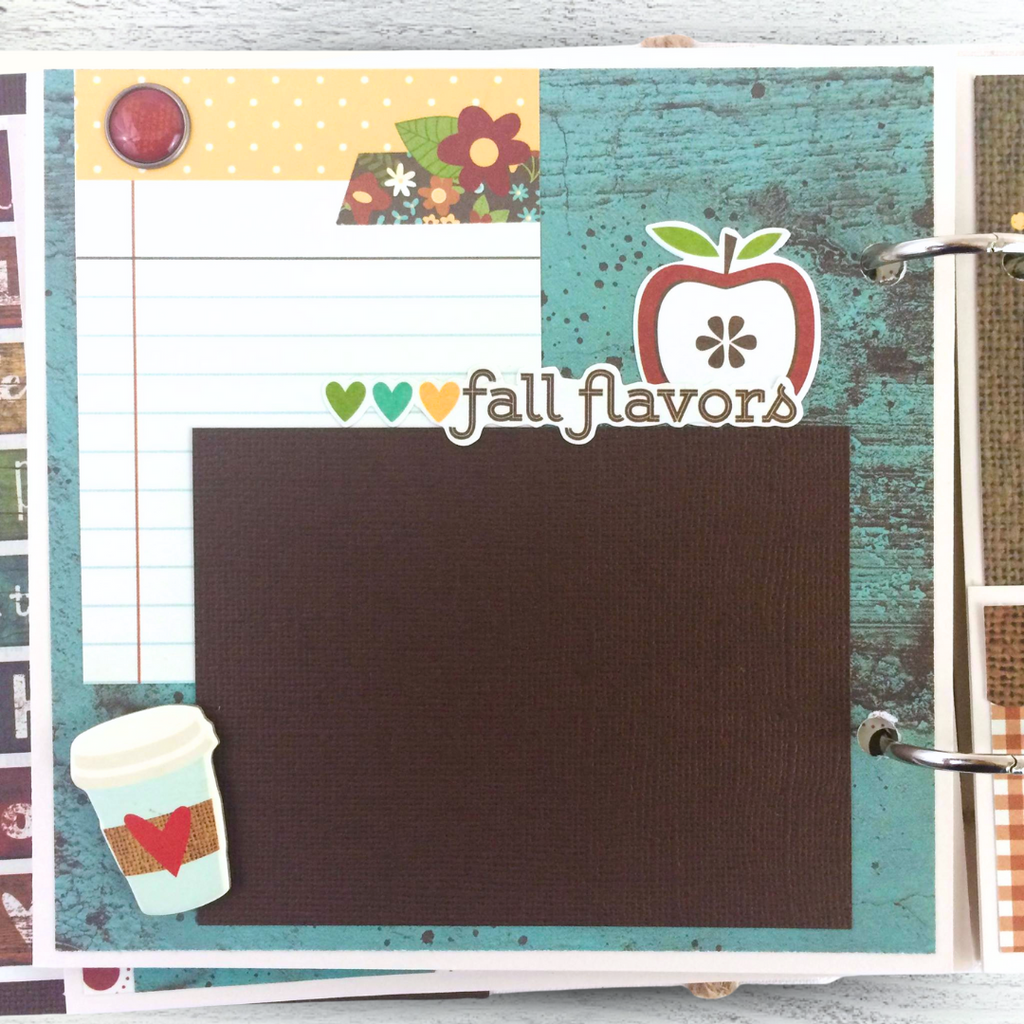Fall Memories Scrapbook Album Page with flowers, an apple, a coffee cup, flowers and a lined journaling card