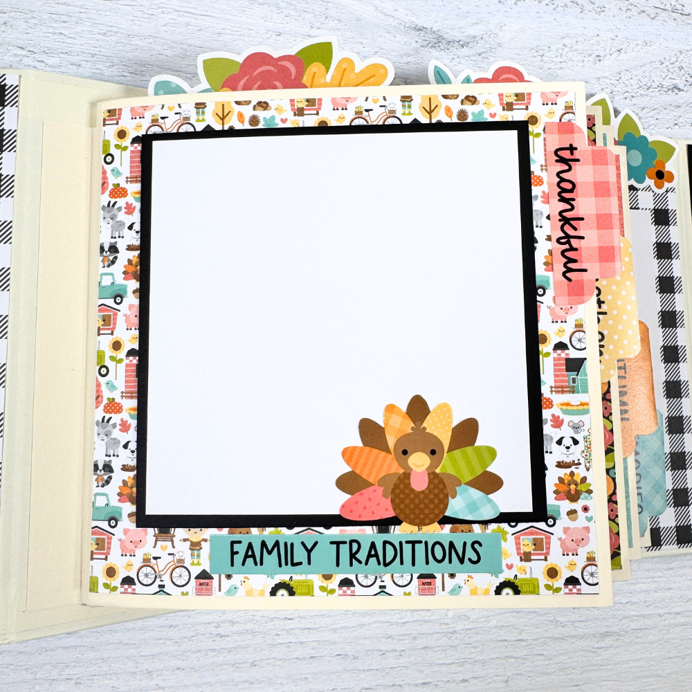 Thanksgiving Scrapbook Album Page with a turkey, a colorful fall pattern paper, and a photo mat
