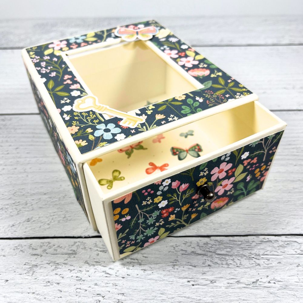Always Forever Scrapbook Mini Album with pretty flowers, butterflies, birds, and a chipboard storage box