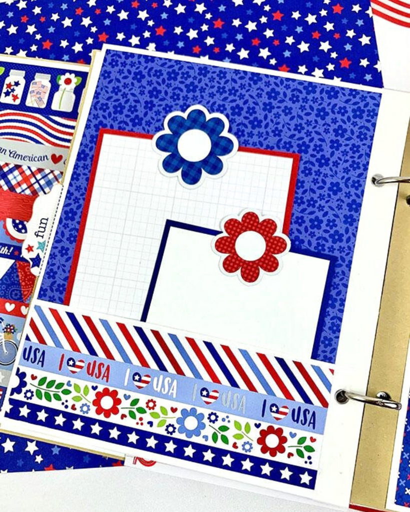 July 4th Scrapbook Album Page with flowers, stripes, hearts, stars, and a pocket with journaling cards