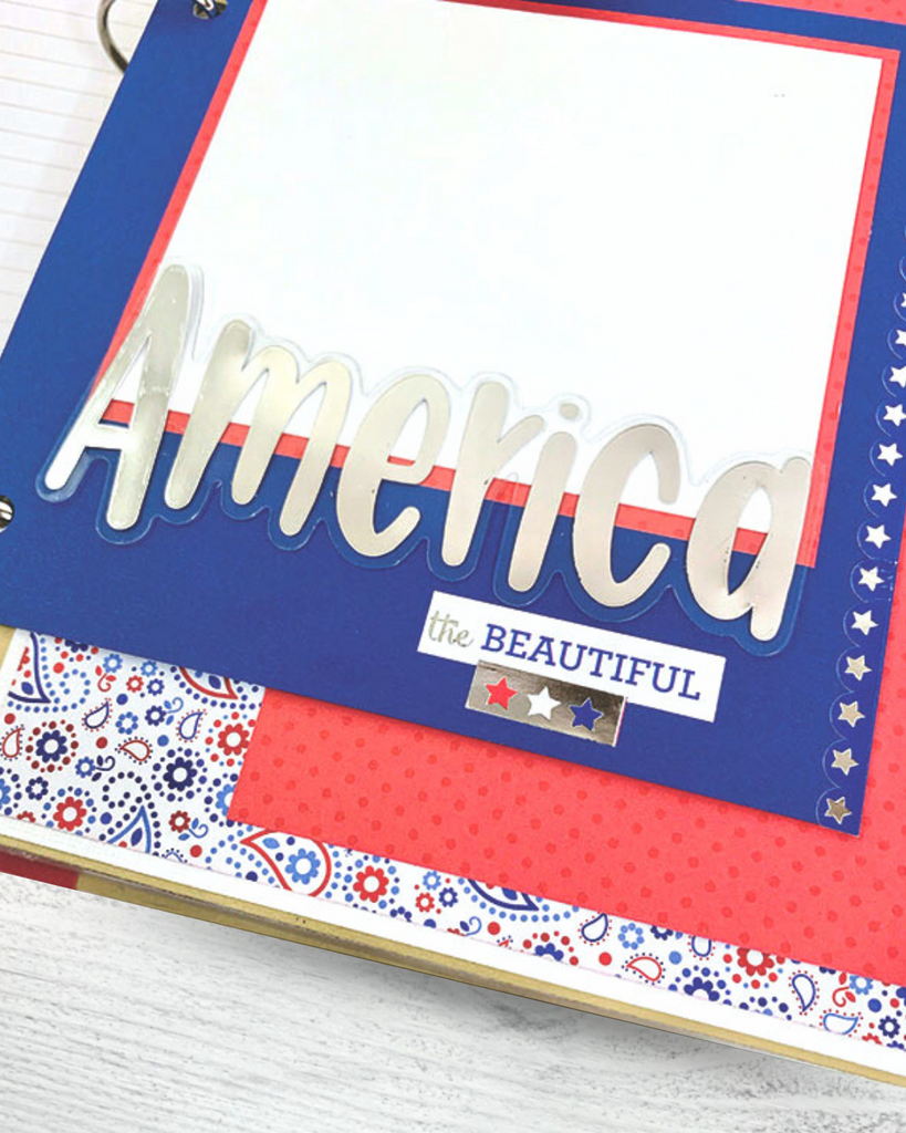 July 4th Scrapbook Album Page with metallic accents, a paisley print, stars, and a photo mat