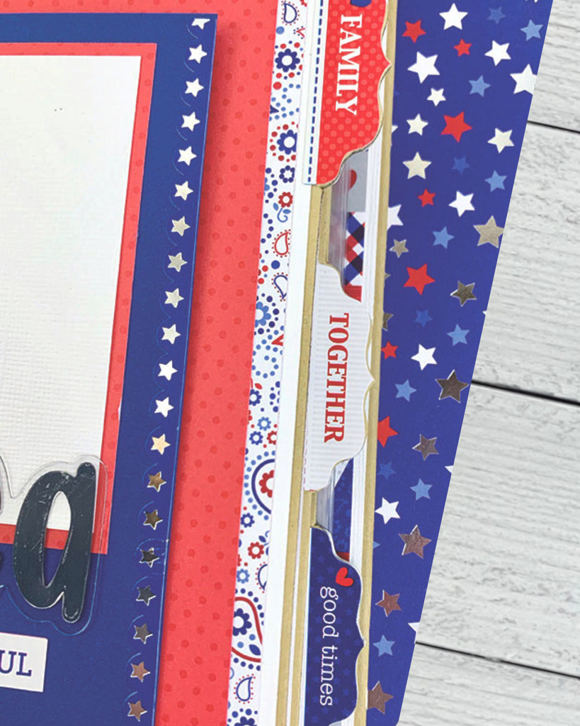 July 4th Scrapbook Album Pages with metallic accents, stars, and tabbed pages
