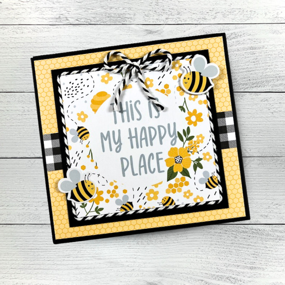 My Happy Place Scrapbook Album and box with bees, flowers, honeycombs, twine, and beehives