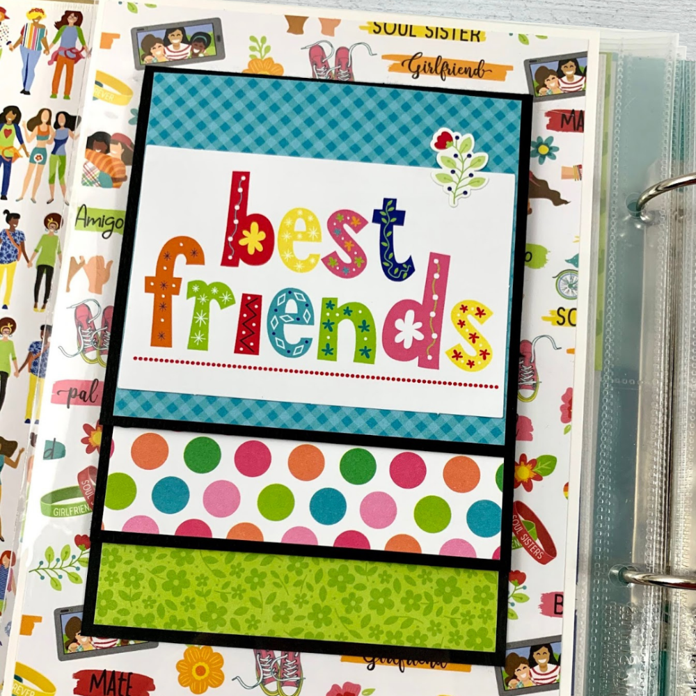 Best Friends Scrapbook Album Page with layered waterfall style photo mats, polka dots, and flowers