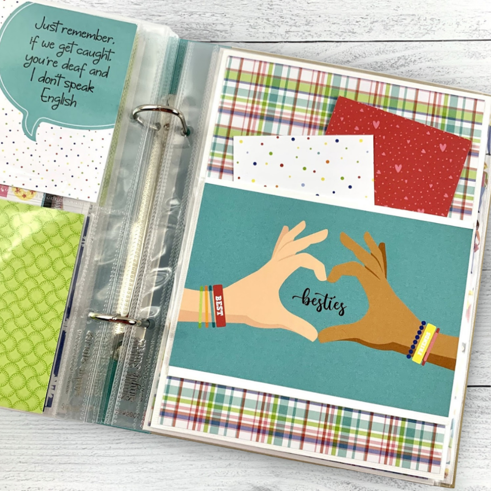 Best Friends Scrapbook Album page with a pocket, a flip-up card, a pretty plaid paper, and fun journaling cards