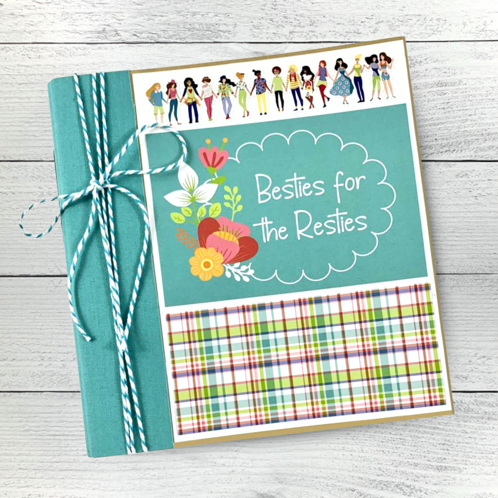 Best Friends Scrapbook Mini Album with pretty flowers, a colorful plaid paper, and twine