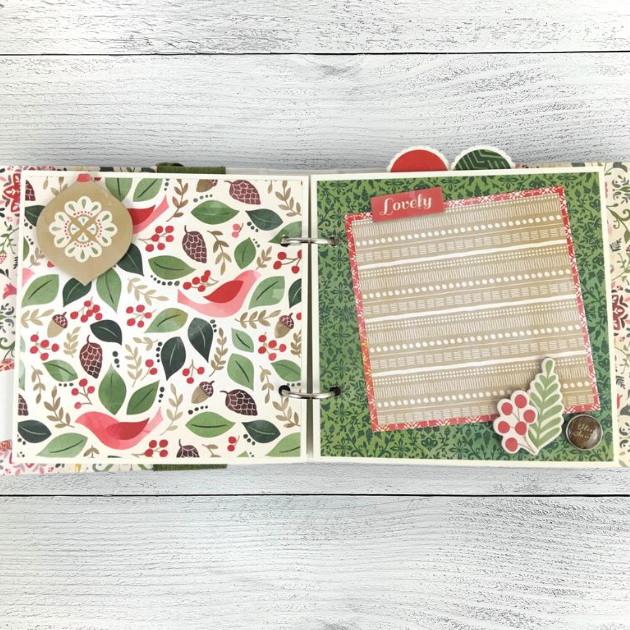 December 25 Christmas Scrapbook Mini Album pages with flowers, leaves, birds, brads, and snowflakes