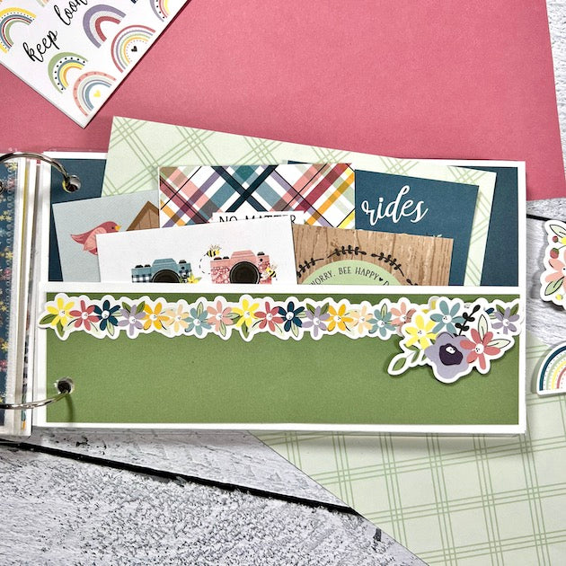 Hello Beautiful Friend Acrylic Scrapbook Album page with flowers, a pocket, & journaling cards