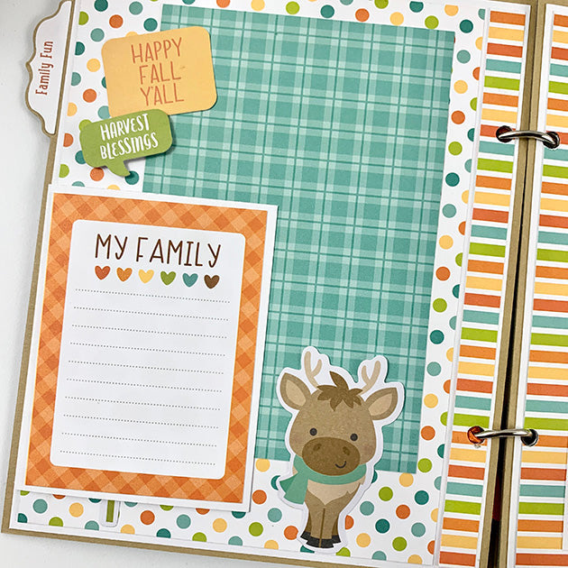 Hello Fall Scrapbook Album page with polka dots, a journaling spot, and a cute reindeer