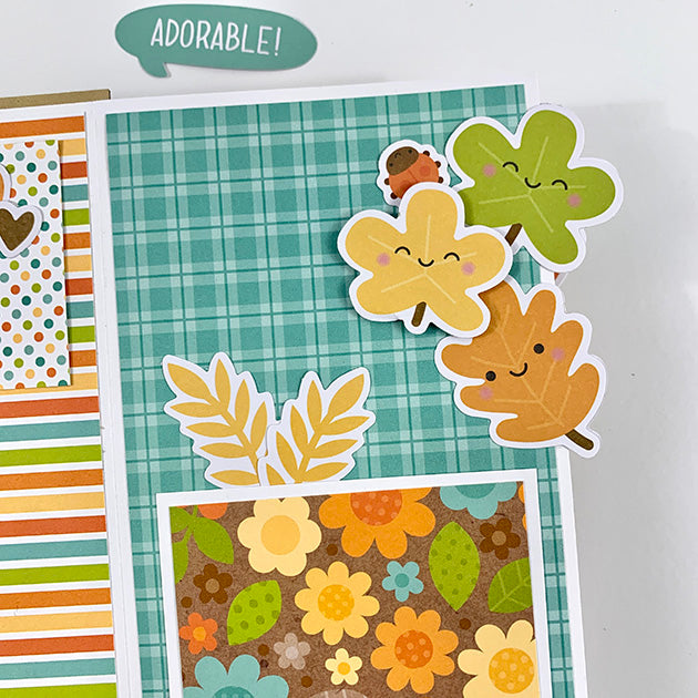 Hello Fall Pumpkin Spice Scrapbook Album page with autumn leaves, flowers, and a ladybug