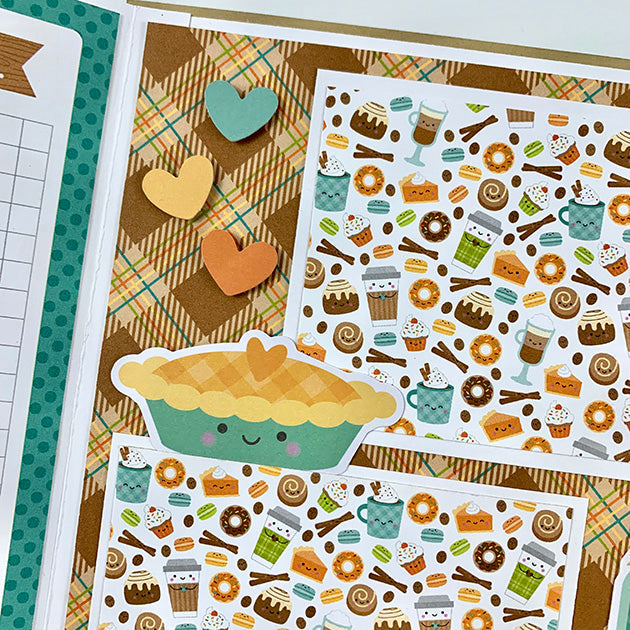 Hello Fall Pumpkin Spice Scrapbook Album page with a pie, hearts and cute photo mats
