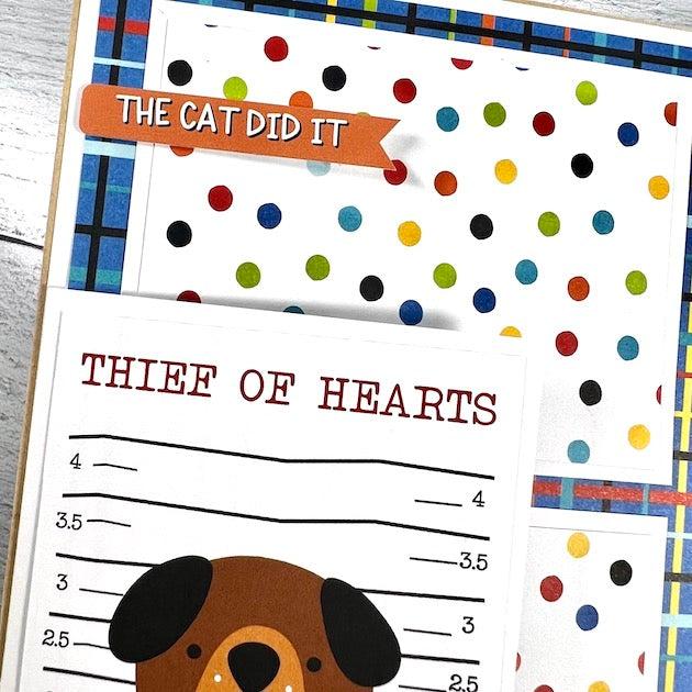 Dog scrapbook album page with polka dots & folding card