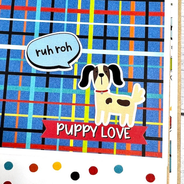 Dog scrapbook album page with dog sticker and plaid paper