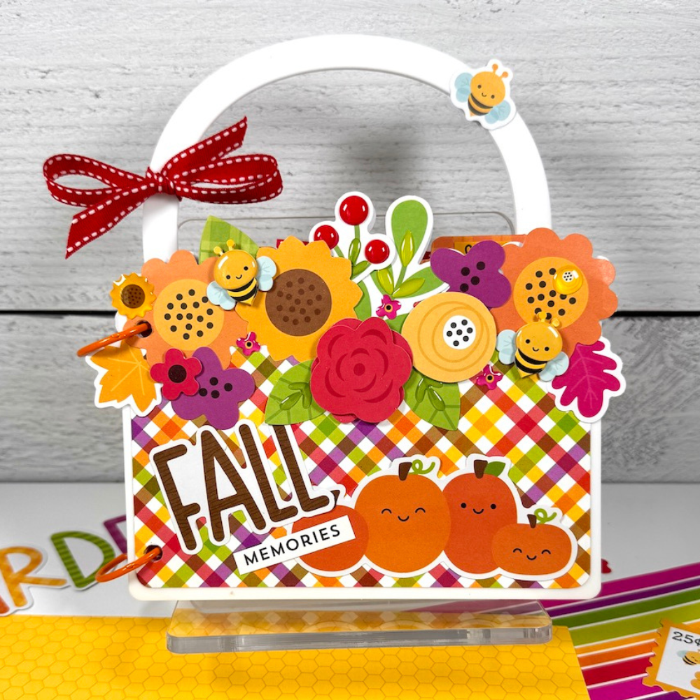 Fall Basket Shaped Scrapbook Album with flowers, leaves, and pumpkins