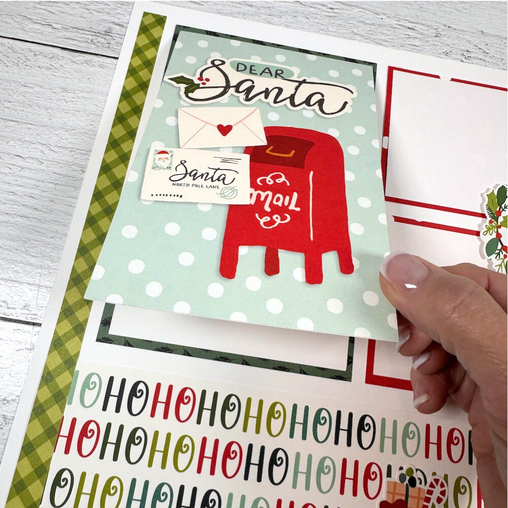 12x12 Dear Santa Christmas Scrapbook Layout with a folding card, letters to Santa, and a mailbox