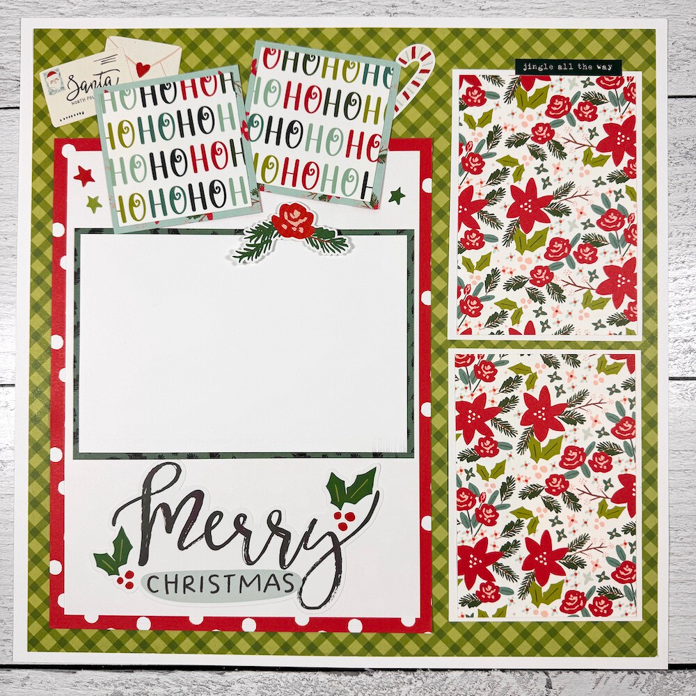 12x12 Dear Santa Christmas Scrapbook Layout with poinsettia flowers, stars, and holly