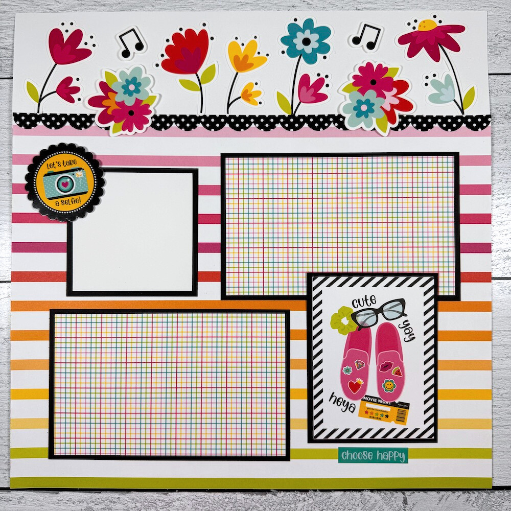 12x12 Teen Vibe Girl Scrapbook Layout with flowers, rainbow stripes, and cute shoes