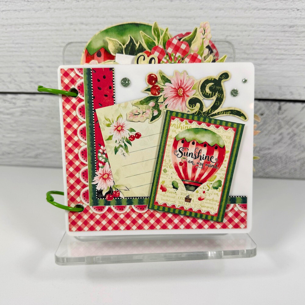 Sunshine On My Mind Summer Scrapbook Album with a watermelon, hot air balloon, and flowers