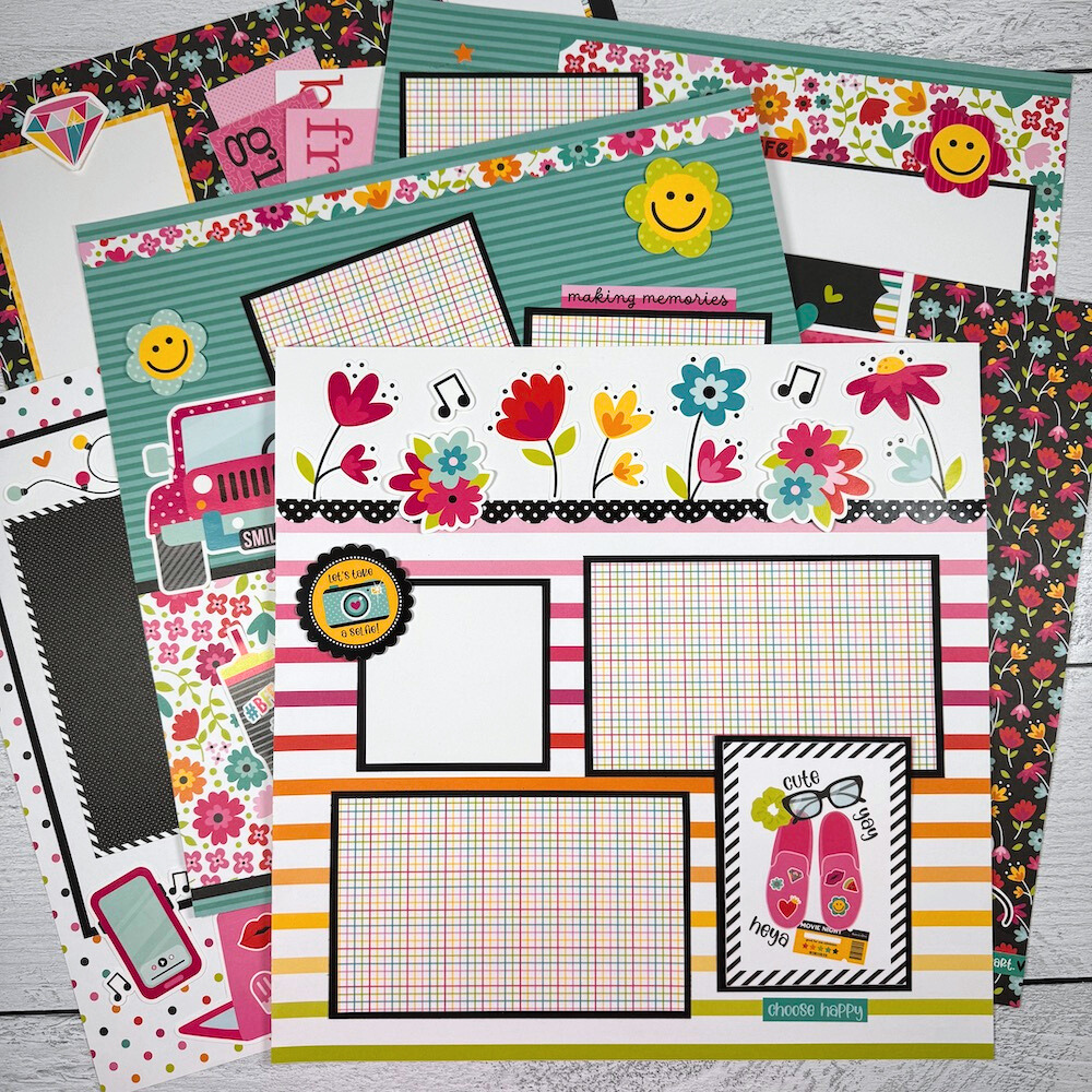 12x12 Teen Vibe Girl Scrapbook Layout Kit with flowers, make-up, purses, backpacks, and fun disco balls