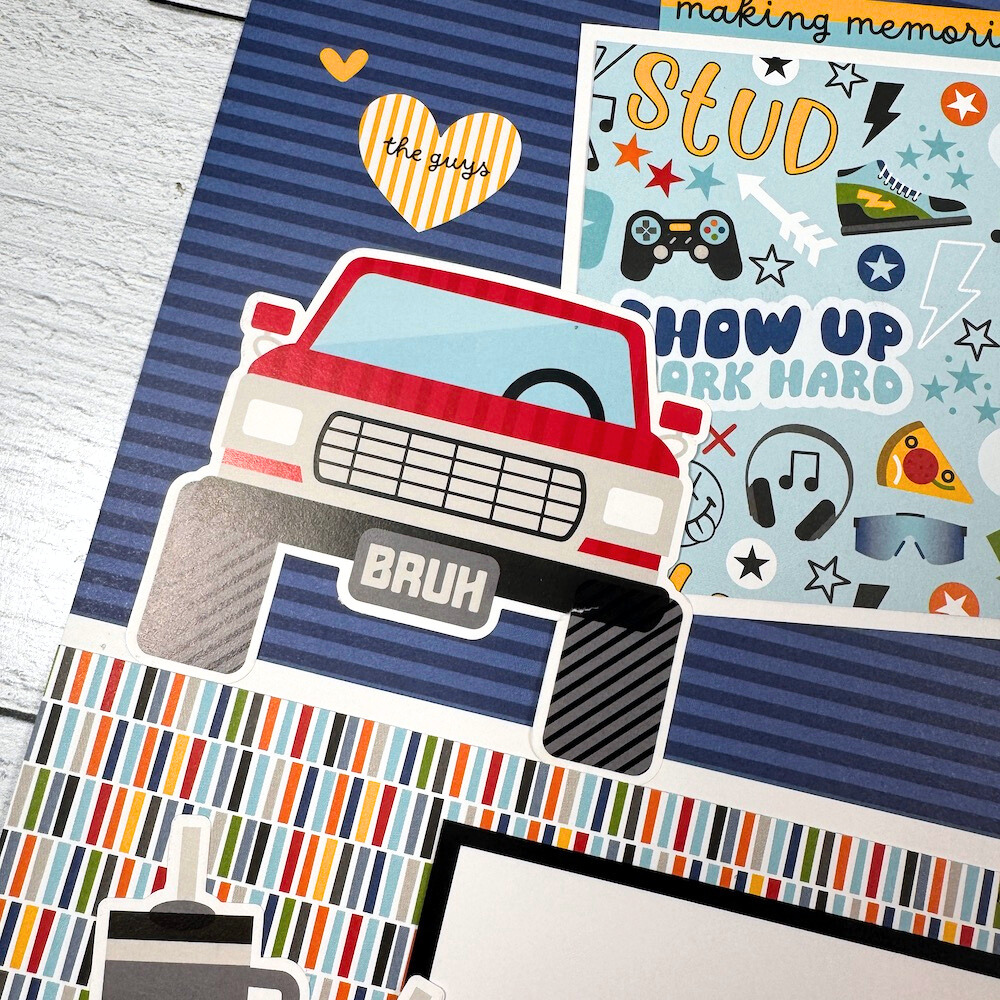 12x12 Teen Vibe Boy Scrapbook Layout with a car, gaming, and stars