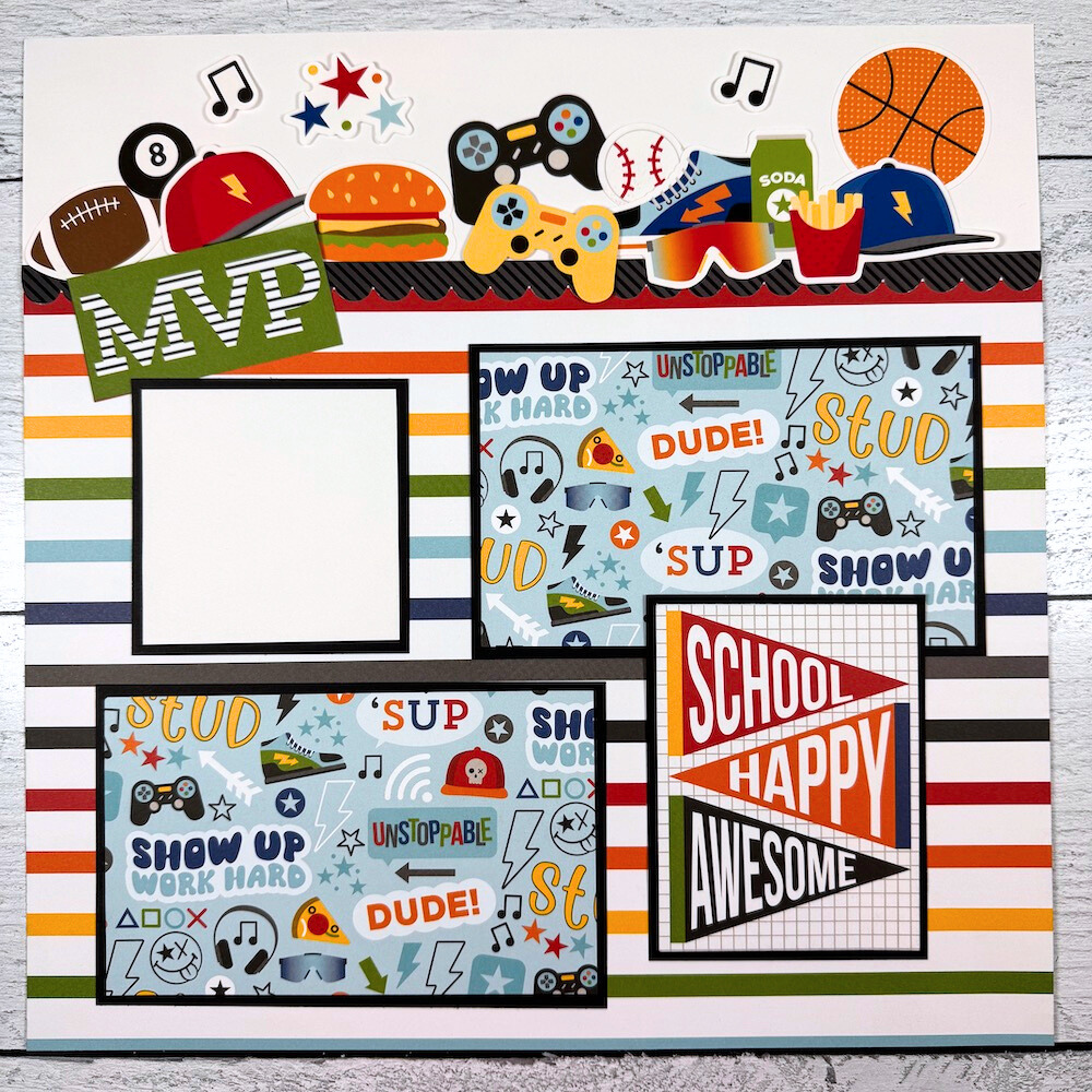 12x12 Teen Vibe Boy Scrapbook Layout with sports equipment, gaming, french fries, and stars