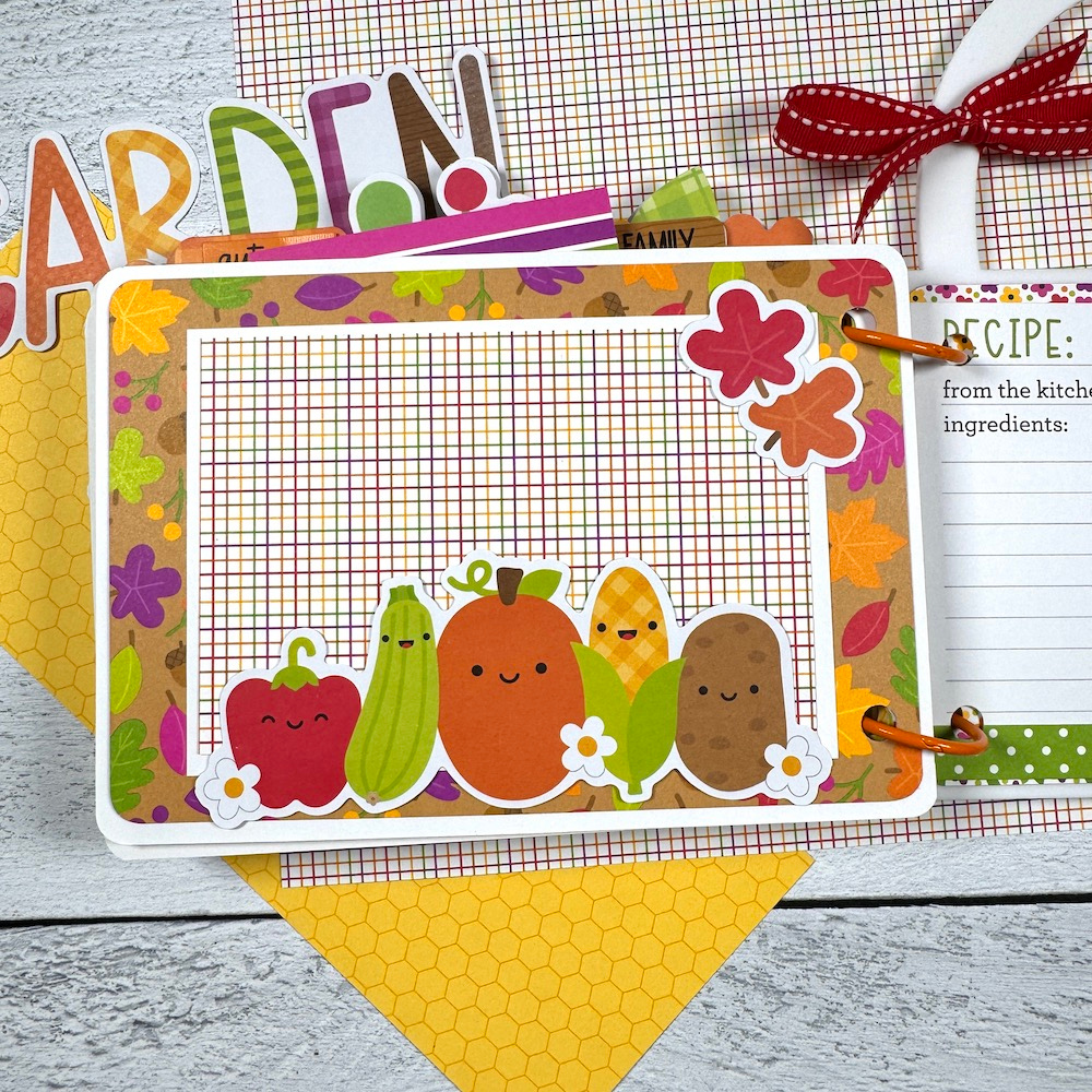 Fall Basket Shaped Scrapbook Album Page with colorful leaves, flowers, and a cute vegetables