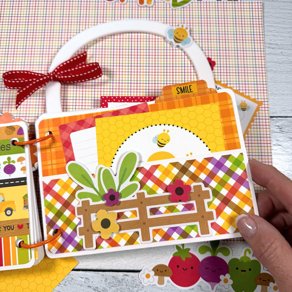 Fall Basket Shaped Scrapbook Album Page with a pocket, a colorful plaid, and journaling cards