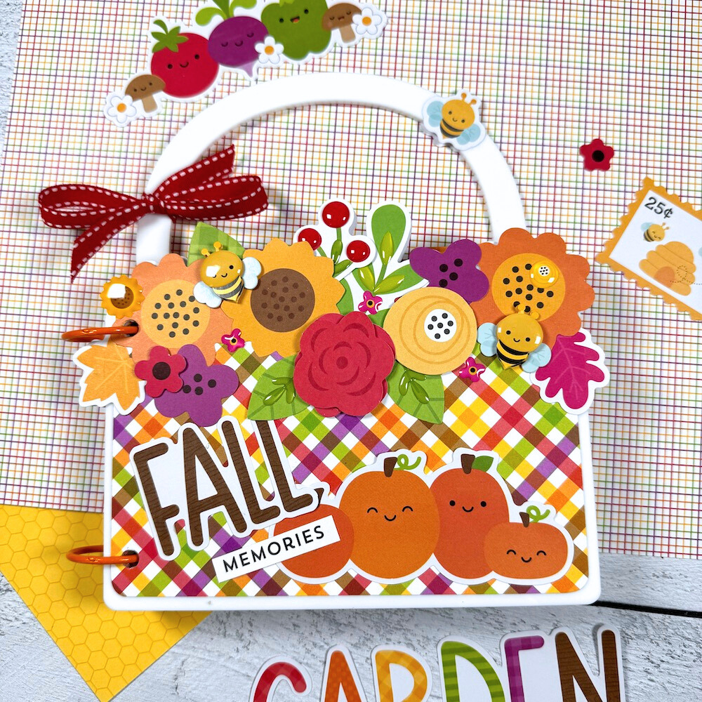 Fall Basket Shaped Scrapbook Mini Album with autumn flowers, leaves, and pumpkins