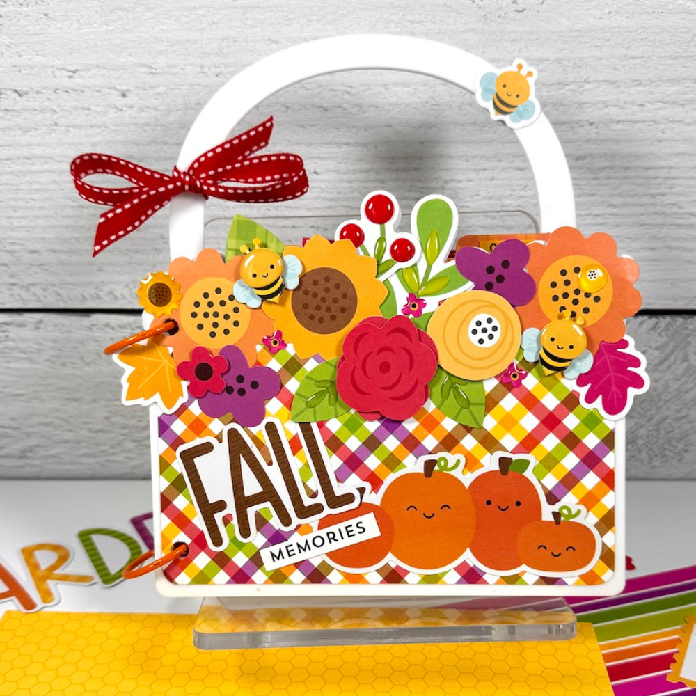 Fall Basket Shaped Scrapbook Album with flowers, leaves, and pumpkins