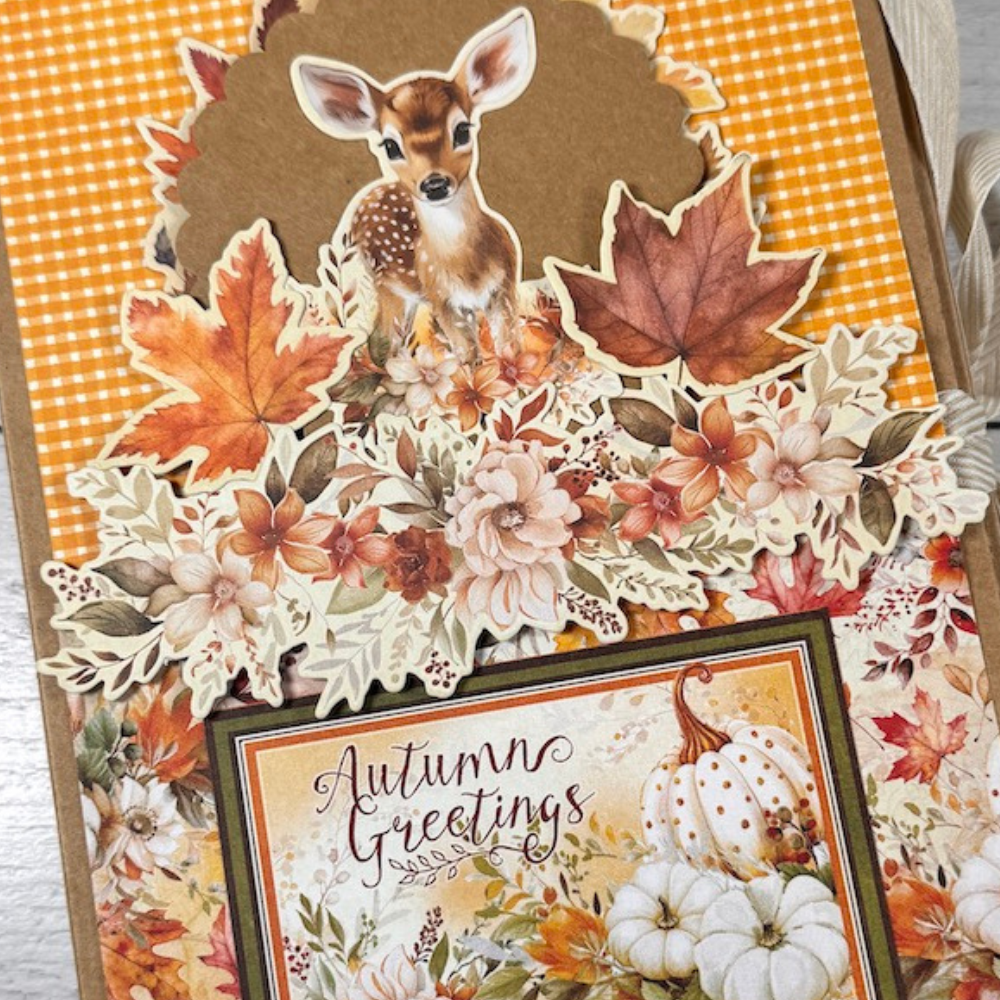 Autumn Greetings Scrapbook Album Kit with pretty fall leaves, flowers, pumpkins, and a baby deer