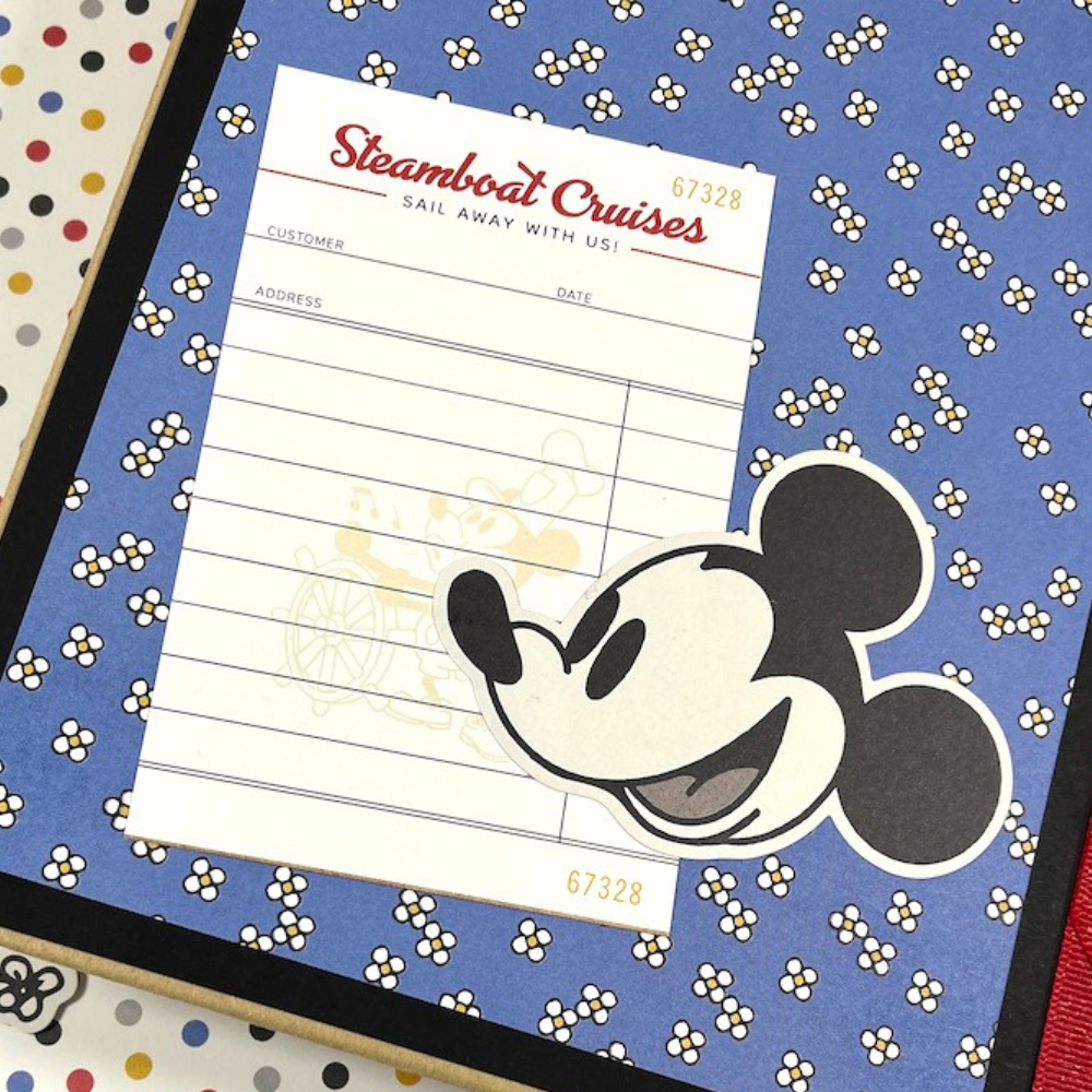 Classic Mouse Disney Themed Scrapbook Album page with Mickey, flowers, and a vintage style ticket