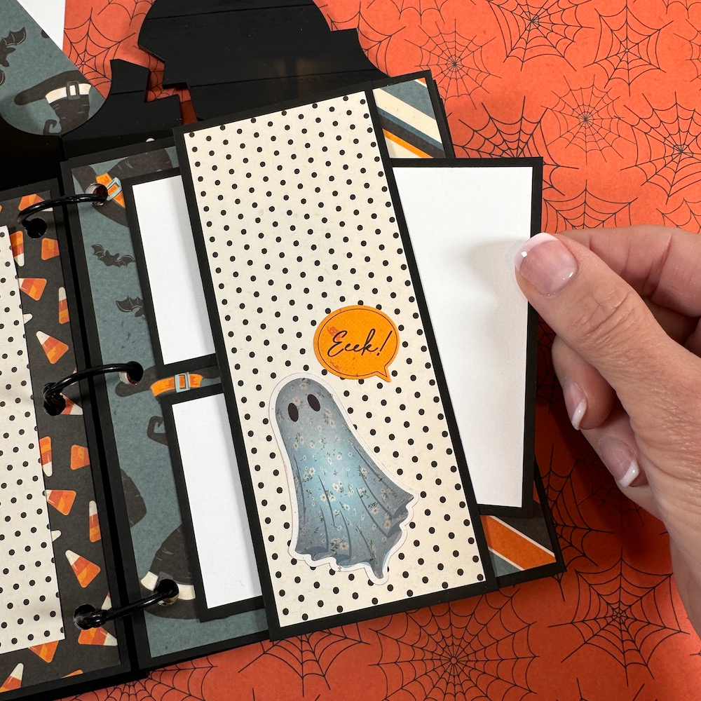 Halloween Tombstone Shaped Scrapbook Album Page with a ghost, bats, witches hats, and candy corn